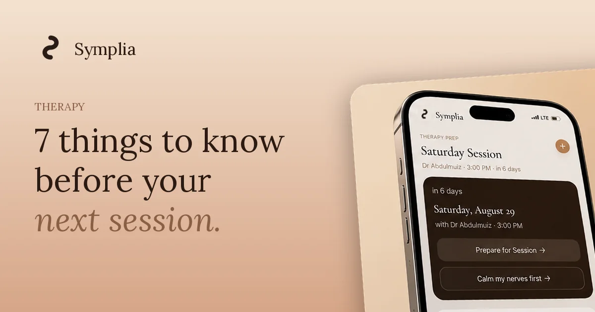 Symplia therapy prep screen beside the headline 7 things to know before your next therapy session
