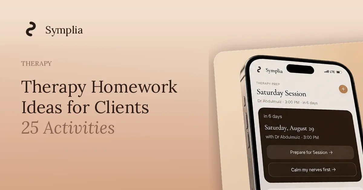 Symplia blog cover: Therapy Homework Ideas for Clients: 25 Activities