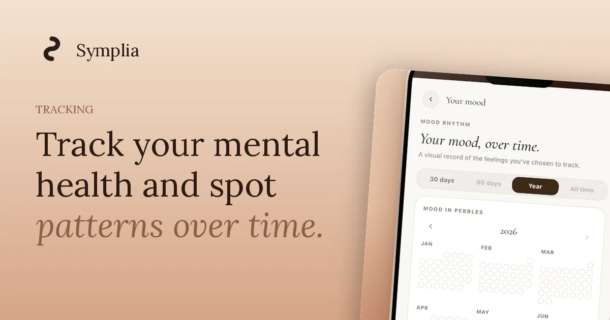 Symplia year mood view beside the headline track your mental health and spot patterns over time