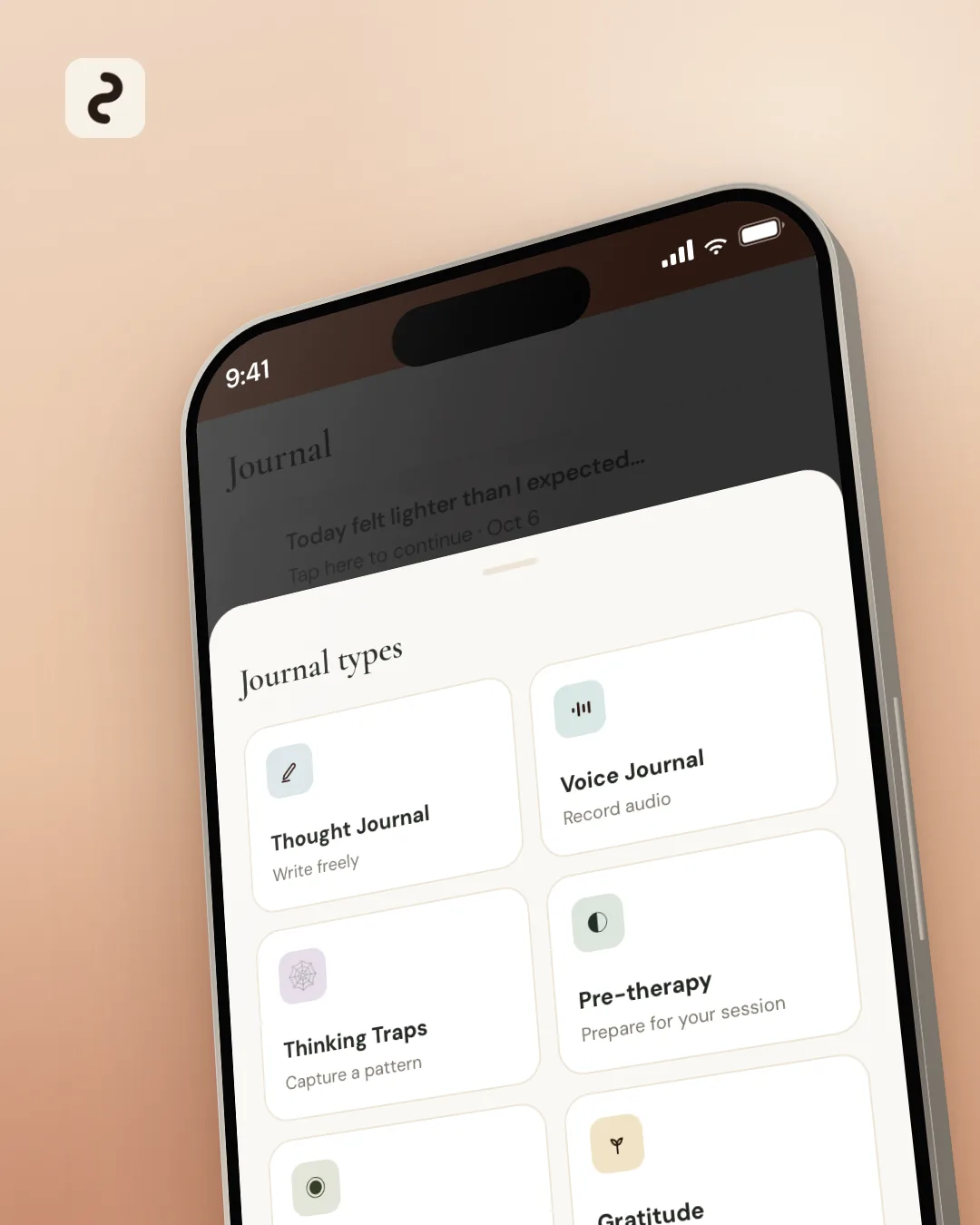 Symplia journal types screen with Thought Journal, Voice Journal, Thinking Traps and Pre-therapy options