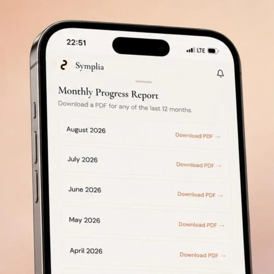 Symplia Monthly Progress Report with Download PDF options for each month